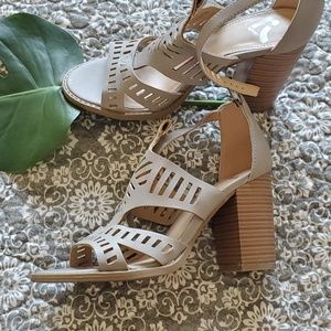 Sandals, high square heel size 6 grey PU leather